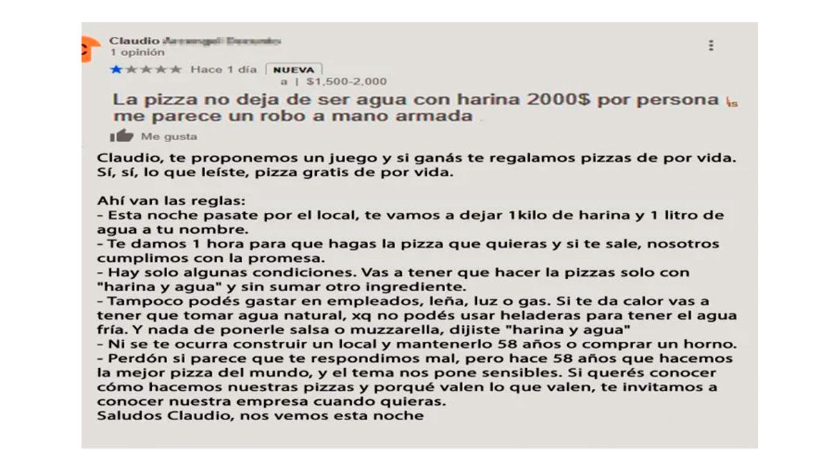 Pizzería da una serie de reglas para ridiculizar la queja del cliente