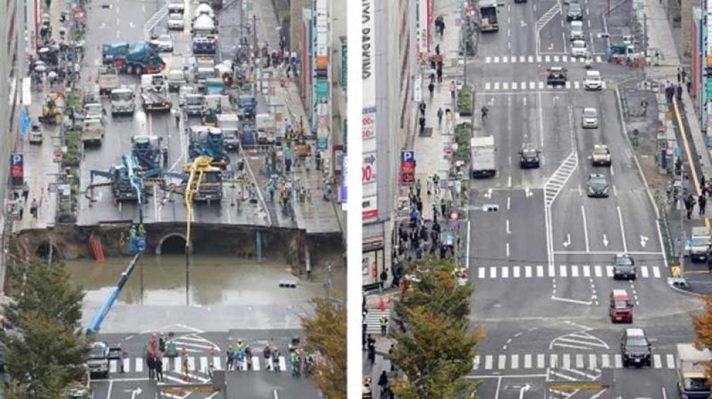 Eficiencia japonesa: en 48 horas arreglaron un cráter en medio de una ciudad