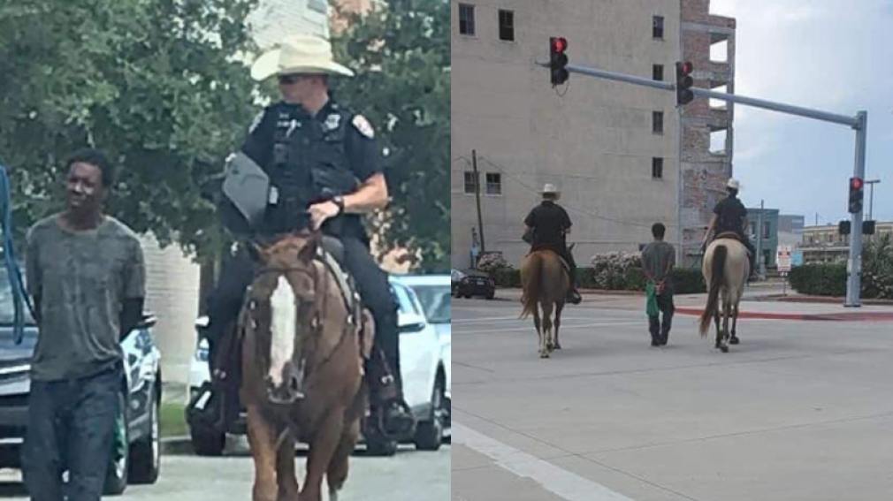 Policías, blancos y a caballo, llevan atado a un detenido negro