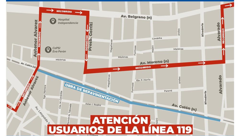 Modificarán recorrido línea 119 por obra de repavimentación en Avda. Colón