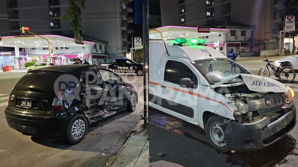 Fuerte choque entre un ambulancia y un automóvil en pleno centro terminó con graves daños materiales y heridos