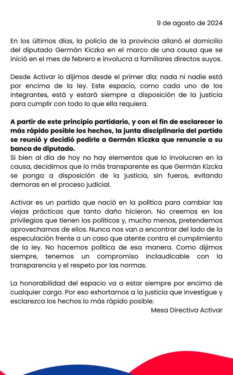 Comunicado del partido Activar 